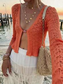 Live To Mo 夏季女士时尚性感橙色镂空针织V领喇叭袖开襟休闲上衣，适合约会、度假和外出海滩穿着 - 橘色 - 查看 4