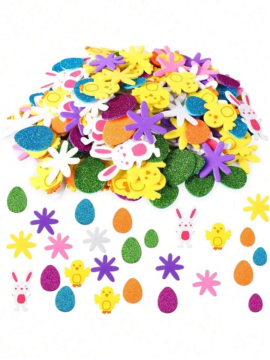 120/240pcs Easter Foam Stickers - Includes Designs Of Eggs, Rabbits, Chicks And Flowers, Suitable For Crafts, Greeting Cards And Home Party Decorations. Can Be Applied To Plastic, Glass, Fabric, Metal And Ceramic Surfaces, Spring Party DIY Decor - A - View 1