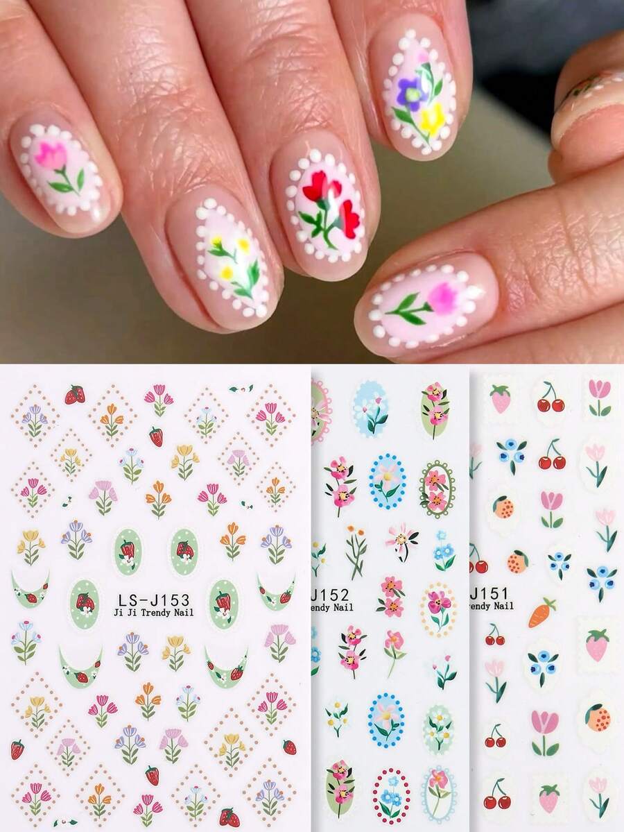 5D春夏花卉、蓝莓、草莓、樱桃和水果图案蕾丝边框浮雕美甲贴纸；Y2K可爱迷人复古美甲贴花；自粘美甲贴纸；DIY美甲沙龙配件及用品（3/2张） - 彩色 - 查看 1