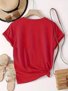 Unisex Size. Women's Plus Size Summer Cotton T-Shirt. Casual Short-Sleeved Crew Neck T-Shirt With "LOS ANGELES" Print. Medium Stretch, Machine Washable, Comfortable For All Seasons, Perfect For Summer, And Ideal For Fashion Enthusiasts. The Material Is Sweat-Wicking, Soft, And Comfortable Against The Skin. - 紅色 - 查看 3