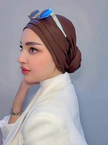 1pc Women's Classic Solid Color Elegant Instant Single-Layer Turban With Flowing Scarf, Fashion Elegant Long Flowing Scarf Hijab, Non-Slip Breathable Soft Modal Knitted Fabric Headscarf, Suitable For Daily Yoga, Sports, Outdoor Wear - Multicolor - View 3