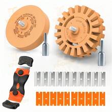Eraser Wheel Decal Remover Tool Kit, 2 Upgraded Rubber Wheels With Razor Blade Scrapers & Drill Adapters, Removing Adhesive Stickers Vinyl Pinstripes Emblem Label Glue For Car Truck RV - Orange(2+1 Set) - 查看 8
