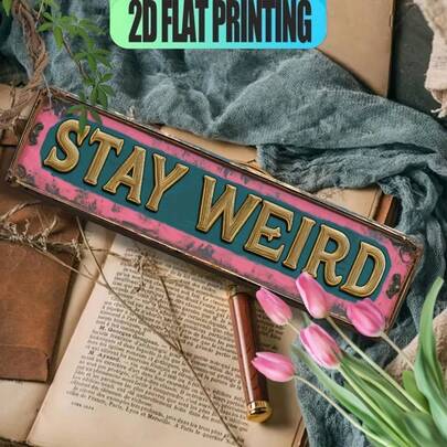 Biển hiệu và logo trang trí phong cách retro in phẳng 2D "STAY WEIRD", biển báo tiếng Anh đa năng, trang trí nghệ thuật tinh tế, món quà lý tưởng để trang trí quán bar, nhà hàng, hiên nhà, nhà nông thôn và các không gian trong nhà/ngoài trời khác.