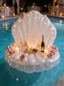 Inflatable White PVC Seashell Shaped Pool Float, Giant Inflatable Clam Shaped Float With Pearl Balls, Seashell Pool Floating Ride-On Raft Chair, Suitable For Adult Summer Beach Party - Multicolor - View 1