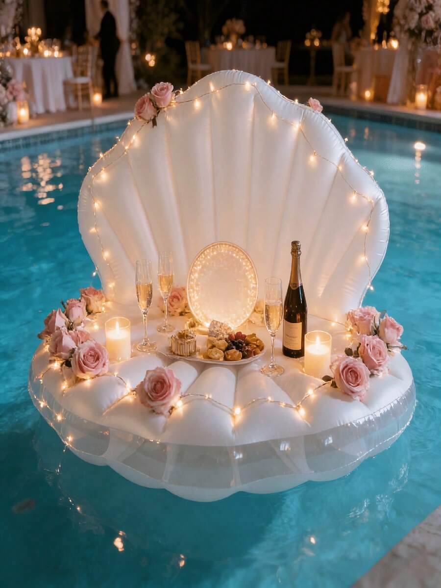 Inflatable White PVC Seashell Shaped Pool Float, Giant Inflatable Clam Shaped Float With Pearl Balls, Seashell Pool Floating Ride-On Raft Chair, Suitable For Adult Summer Beach Party - Multicolor - View 1
