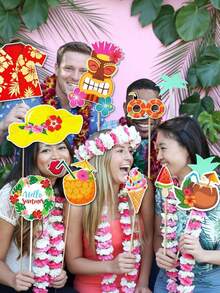 30pcs Hawaii Party Photo Booth Props, Paper Photography Prop, Hawaiian Tropical Theme For Birthday, Summer Beach Pool Decor, Party Favors, And Wild Animal Forest Theme Party Decorations - Hawaiian Photo Props - View 2