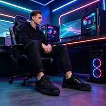 Men's Black Classic Canvas Sneakers | Lightweight Breathable Low-Top Casual Shoes | Lace-Up Comfortable Flat Shoes | Suitable For Spring/Summer Daily Wear, Street Style, Travel & Holiday, Gift - Glossy Black - View 9