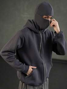 Balaklava, A Must-Have Item For Social Anxiety Sufferers. A Face-Covering Style, Loose Large-Sized And Long Double-Layered Hooded Zipper-Style Pullover Hoodie And Hooded Sweater. Suitable For Men's Autumn/Winter Clothing, Halloween Costumes, Christmas Costumes, Men's Outerwear, Fashionable Style, Men's Hooded Sweater. - 灰色 - 查看 3