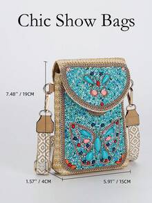 女士波西米亚风草编斜挎包，新款时尚串珠编织单肩手机包 - 彩色 - 查看 7