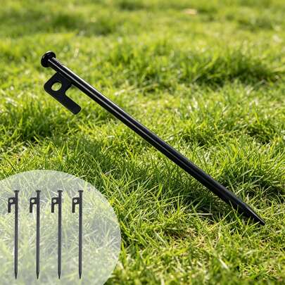 4/6pcs Set, Suitable For Tent Stakes, Black Steel Tent Fixing Stakes, Extra Long Stakes For Picnic Camping, Anti-Slip , Applicable For Garden, Snow, Lawn, Gravel, Beach, Sturdy And Durable Camping Steel Pegs, Gift
