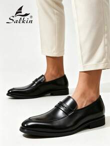 Salkin 奢华复古男士乐福鞋，柔软皮革鞋面，尖头设计，适合正式场合、商务绅士、社交活动、日常办公、派对、婚礼，也适合情侣约会、浪漫晚餐、节日礼物、返校季学生，百搭学院风，四季皆宜。建议选购大一码。 - 黑色 - 查看 10