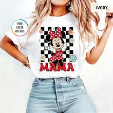 Loose Oversize Minnie Mama Shirt, Disney Mother's Day T-Shirt, Checkered Minnie Mouse Mama Tee, Floral Mama Shirt, Disneyland Mom Trip Tee - 白色 - 查看 1