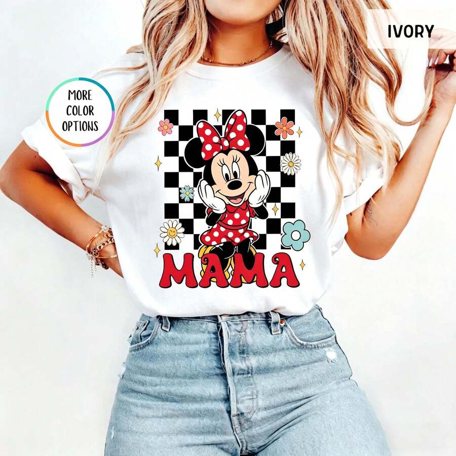 Loose Oversize Minnie Mama Shirt, Disney Mother's Day T-Shirt, Checkered Minnie Mouse Mama Tee, Floral Mama Shirt, Disneyland Mom Trip Tee - 白色 - 查看 1