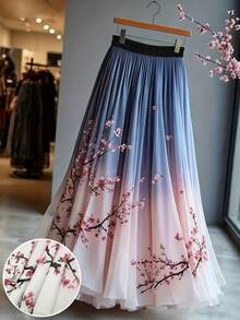 女士优雅法式长裙，层叠网纱花卉裙摆 | 春夏新款印花 | 女士早午餐穿搭 | 女士秋季穿搭 - 彩色 - 查看 4