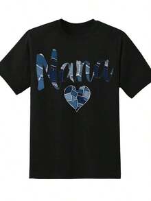 Camiseta con Diseño de Corazón en Patchwork Nana, Regalo para Abuela, Regalo para el Día de la Madre, Regalo de Cumpleaños, Ropa Casual para Mujer, 220gPlayera - Negro - Ver 3