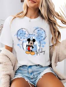 Disney-Style Women's Graphic Tee Featuring A Cute Blue Mickey Mouse Design With Hands On Hips. This Women's Summer Round-Neck Tee Is Made Of Soft, Comfortable 100% Cotton Fabric, Perfect For Everyday Wear, Outdoor Activities, Or Shopping. It Also Makes An Ideal Women's Vacation Outfit. - White - View 1