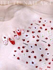 1pc 5D Stereoscopic Ladybug & Flower Nail Stickers - Self-Adhesive, Cute Red Ladybug, White Daisy & Bow Pattern, Embossed Sliders For DIY Nails, Summer Garden Nail Art Decals, Easy To Apply Nail Decorations For Women & Girls, Nail Art Supplies - Multicolor - View 3