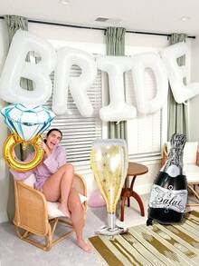 3/5件套40英寸巨型“BRIDE”铝箔气球套装，白色“BRIDE”字母铝箔气球横幅，钻石戒指气球，黑色酒瓶气球，酒杯气球，适用于订婚、新娘送礼会装饰、单身派对、新娘送礼会礼物、准新娘派对、婚礼 - 多色 - 查看 5