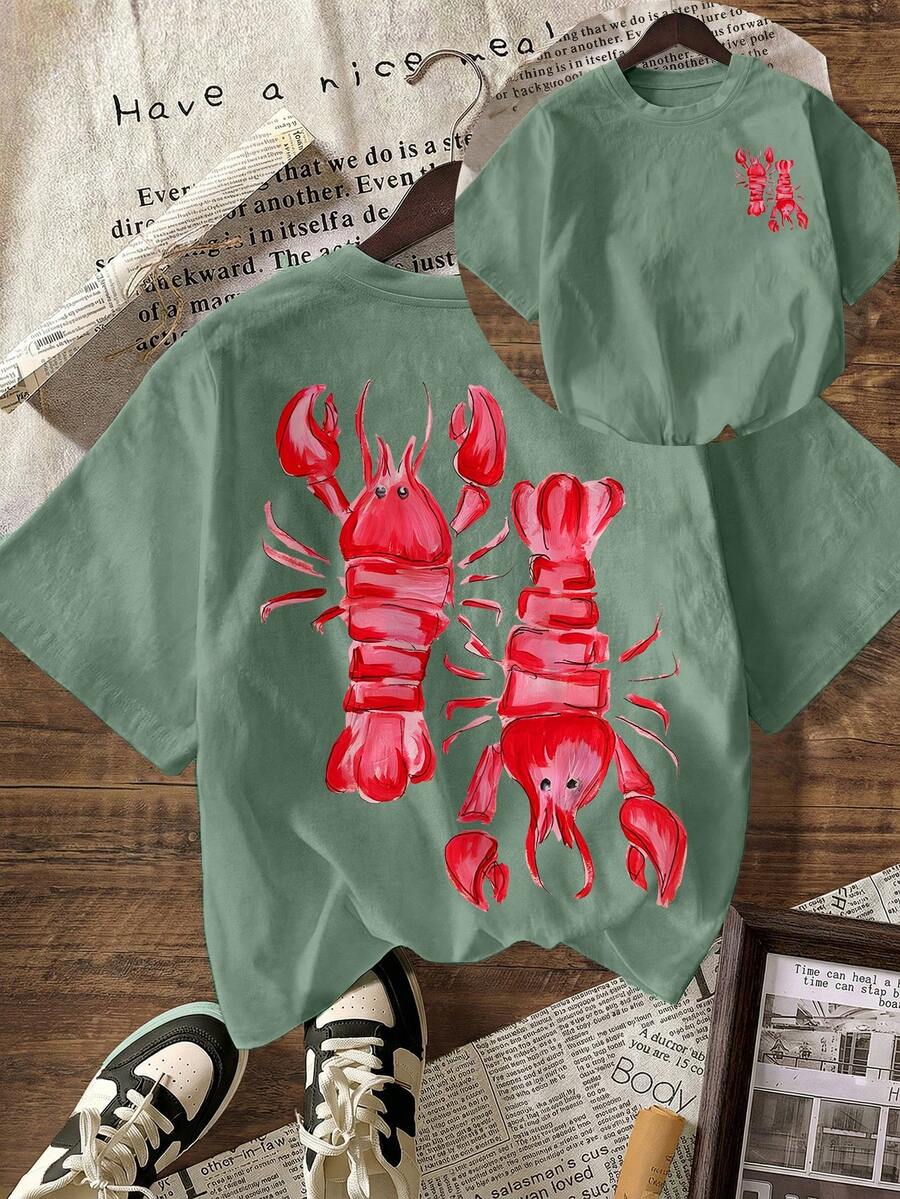 Y2K Pink Lobster Print Summer Tops For Women, Holiday Outfits, T-Shirts, Plus Size Casual Round Neck Short Sleeve T-Shirt - Green - View 1