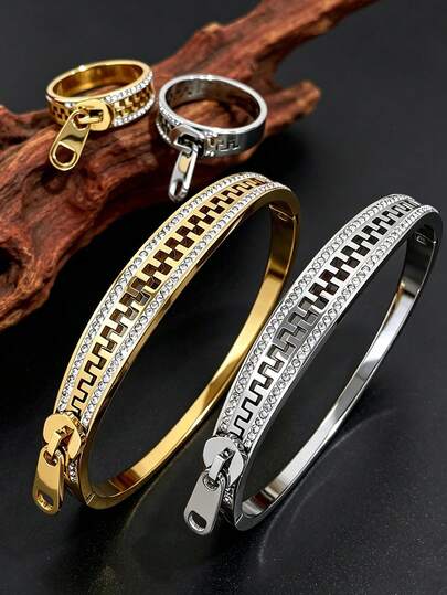 Camhanno 2pcs - Brand Zipper Shaped Zirconia Stainless Steel Bracelet Ring Anti Allergy Non Fading Versatile Personalized Men's And Women's Jewelry