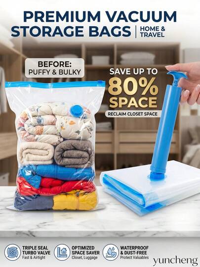 Bolsas de almacenamiento al vacío manuales con bomba de mano - No se necesita electricidad, múltiples tamaños disponibles, adecuadas para maletas, mantas, almohadas, ropa - Organizador de viaje y mudanza que ahorra espacio, material de plástico duradero, diseño transparente, excelente para el armario y el almacenamiento en el hogar, organización de ropa, bolsas de ropa al vacío, bolsas de almacenamiento al vacío, cubiertas de compresión al vacío, bolsas de viaje al vacío, suministros de envasado al vacío, artículos de viaje esenciales, bolsas de ropa al vacío, bolsas de ropa al vacío, artículos esenciales