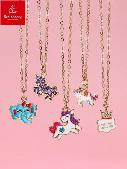 Bộ 5 mặt dây chuyền hoạt hình dễ thương bằng hợp kim kẽm tráng men dành cho bé gái, với các hình kỳ lân, voi, mây, bướm, trái tim, thích hợp để đeo hàng ngày, làm quà tặng hoặc quà dịp lễ.