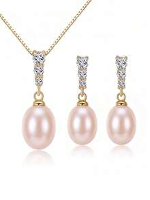 AETOLIA Juego de joyas de plata de ley 925 con perlas naturales, collar y pendientes de circonita cúbica, regalo de aniversario de boda para mujer - Amarillo Oro - Ver 15