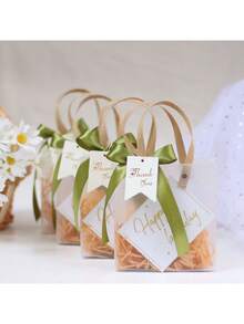 6 túi quà PVC mờ trong suốt kèm nơ ruy băng satin màu xanh ô liu, túi đựng quà tối giản, thích hợp cho sinh nhật, đám cưới, tiệc cô dâu, quà cảm ơn và các bữa tiệc ngày lễ. - Nhiều kiểu dáng - Xem 1