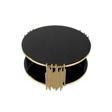 Modern Black Glass Coffee Table, Luxury Living Room Tables With Double Glass Top, Round Coffee Table With Gold Steel Base, Sofa Table With Glass Round Top, Center Table For Living Room / Home / Office - Black - View 10