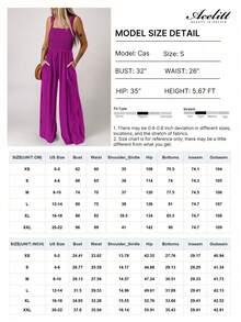 Acelitt Women's Solid Color Square Neck Pleated Patchwork Pocket Casual Vacation Loose Wide Leg Sleeveless Jumpsuit, Summer Elegant - Purple - View 6