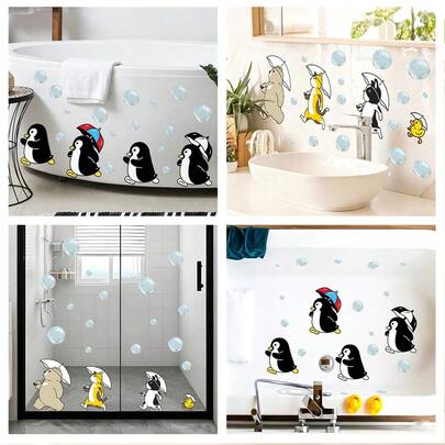 1/3 pièces Autocollants décoratifs thème animal mignon et imperméables pour verre. Pingouin, chien, chat avec parapluie et bulles. Pour fenêtres de salon, chambre à coucher et porte de douche. Sticker de décoration esthétique pour la maison.