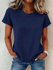Camiseta de mujer de unicolor, de cuello redondo y manga corta, de uso diario y minimalista - Azul marino - Ver 4