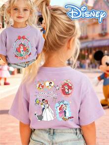 [Disney Authorized] Front: Ariel With Castle And Bow Elements Back: Ariel And Prince Eric With Flounder And Sebastian Elements And Text "PART OF YOUR WORLD" Double-Sided Print Pattern Girls' T-Shirt - Children's Clothing Design Short-Sleeve Casual Cute Style Comfortable And Relaxed Suitable For Boys And Girls, Perfect For Parties And Play Machine Washable Gift Children's Clothing Girls' Short-Sleeve Shirt - 紫丁香色 - 查看 1