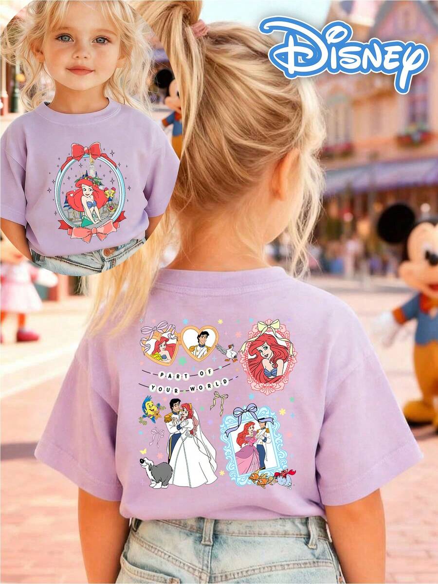 [Disney Authorized] Front: Ariel With Castle And Bow Elements Back: Ariel And Prince Eric With Flounder And Sebastian Elements And Text "PART OF YOUR WORLD" Double-Sided Print Pattern Girls' T-Shirt - Children's Clothing Design Short-Sleeve Casual Cute Style Comfortable And Relaxed Suitable For Boys And Girls, Perfect For Parties And Play Machine Washable Gift Children's Clothing Girls' Short-Sleeve Shirt - 紫丁香色 - 查看 1