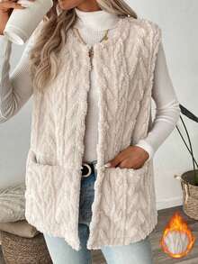 SUNSTORY Women's Winter Apricot Cable Knit Sleeveless Fleece Vest, Casual Versatile Style, Suitable For Layering, Commuting, Shopping, Store Visiting, Daily Outfits - Apricot - View 9