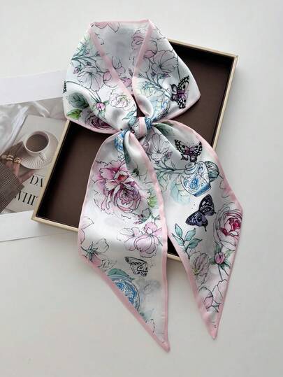 1 chiếc Khăn choàng hai lớp bằng lụa giả, kiểu dáng trẻ trung, họa tiết hoa và bướm, phong cách Pháp, dành cho nữ, thích hợp dùng làm khăn quàng cổ, băng đô hoặc khăn quấn eo, phù hợp cho các dịp lễ hội, tiệc tùng, du lịch, hẹn hò và biểu diễn đường phố.