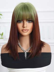 14 Inch Gradient Green To Reddish Brown Straight Synthetic Wig With Bangs, Heat Resistant, Easy To Wear And Maintain, Perfect For Daily Wear, Y2K Style, Party, Cosplay, Music Festival, Halloween, Ideal Holiday Gift For Girls - Brown Ombre - View 5