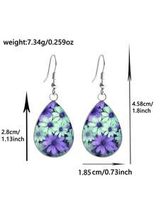 1 Pair Vintage Purple & Green Daisy Cluster Pattern With 316 Stainless Steel Water Drop Ear Hooks, Romantic & Cute Style Suitable For Women's Daily Wear And Gift Jewelry Earrings - Violet Purple - View 5