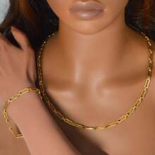 2pcs 18K Gold Plated Paperclip Necklace Bracelet Jewelry Set, Stainless Steel Non Tarnish Chain - Gold - View 2