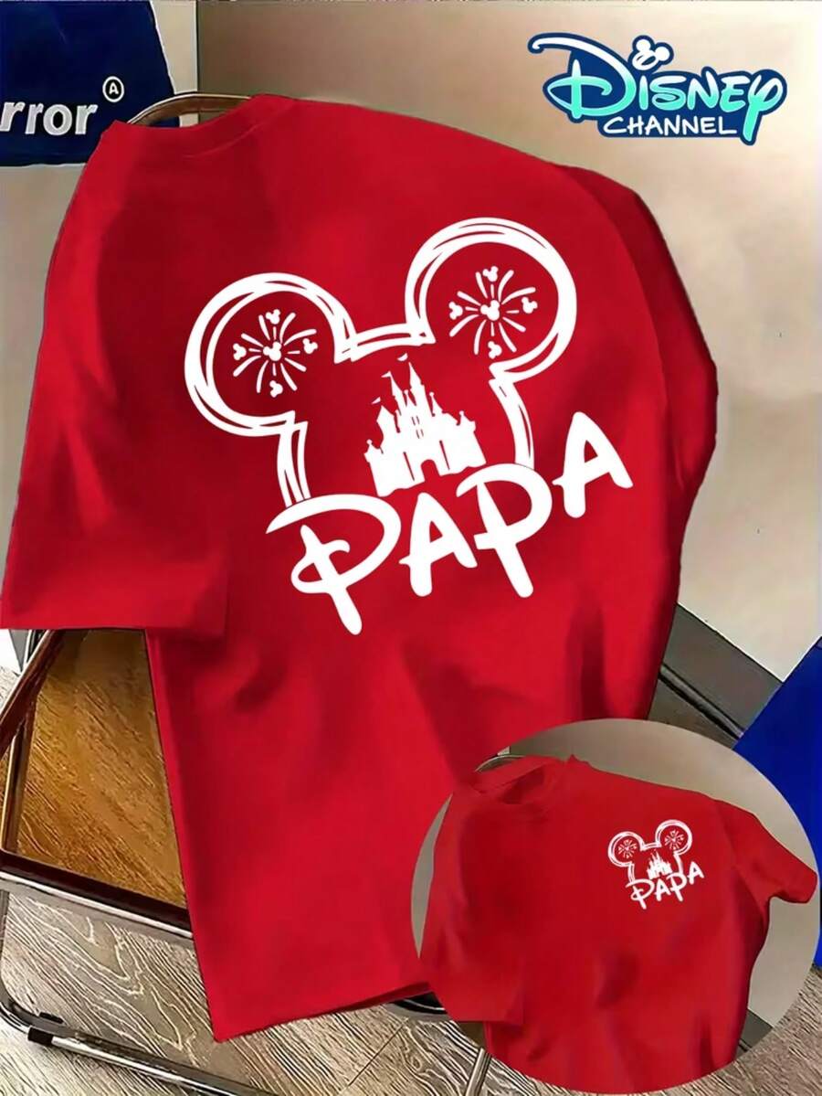 Authorized By Disney, Men's Short-Sleeved T-Shirt Has The Outline Of Mickey Mouse's Head, The Design Of Disney Castle And Fireworks Elements, And The Word "Dad". This Multifunctional T-Shirt Is Suitable For Daily Use In Spring And Summer. - Đỏ - Xem 1