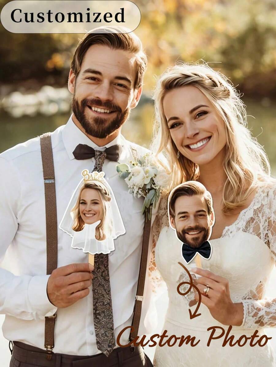Customized Bride And Groom Face Shaped Hand Fan, Personalized Photo Printed Wedding Hand Fan, Unique Bridal Shower Gift, Bridal Photo Booth Prop, Bridal Party Decor - Multicolor - View 1