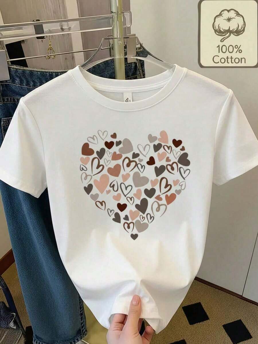 Camiseta de mujer, estilo casual, estampado de corazones, tela suave, corte holgado, cuello redondo, manga corta, adecuada para uso diario en primavera y verano, diseño de corazones, romántica, para el Día de San Valentín. - Blanco - Ver 1
