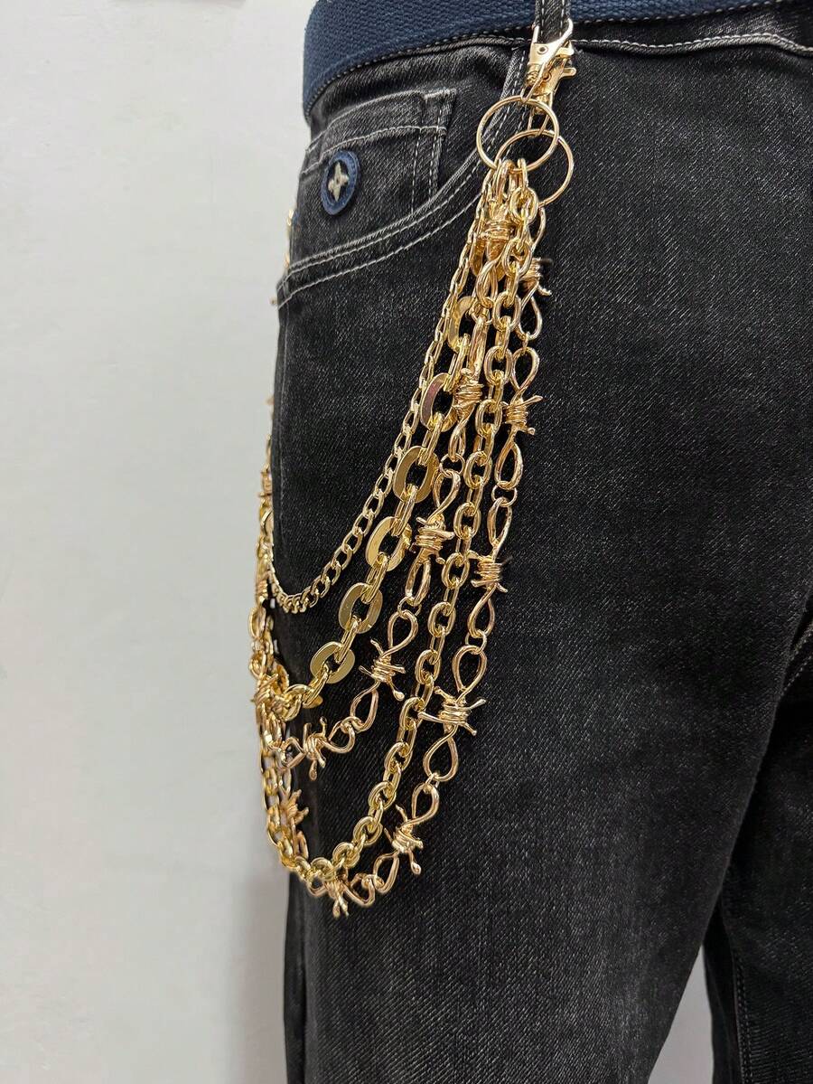 1pc European And American Fashion Multi-Layer Metal Chain Belt, Personalized Punk Thorn Alloy Waist Decor, Unisex Daily Street Party Wear Accessory, Men Jewelry - Gold - View 1