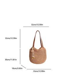 Sac en crochet ajouré ivoire/kaki, sangle en PU + décoration de perles en bois floral, sac à bandoulière décontracté pour les vacances à la plage & les trajets, sac sous le bras en maille fait main, sac fourre-tout de style bohème, sac de shopping d'été pour la plage - Multicolore - Voir 14