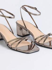 Women's Square Toe Sandals, Chunky Heel Open Toe One-Strap Fashion Minimalist Versatile Elegant High Heel Shoes For Vacation - Grey - View 5