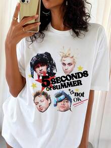5 Seconds Of Summer "Is Not OK" Graphic Casual Loose Fit T-Shirt - White - View 6