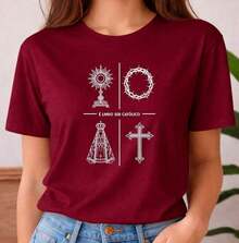 Blusa Camiseta Feminina Estampada Religião É Lindo Ser Catolica Moda Gospel - bordô - Visão 1