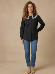 Women's Shirt With Ruff Collar/ Embroidered Detail/ Front Buttons/ Long Sleeves/ Classic Fashion S2192 2 In 1 Office - 黑色 - 查看 2