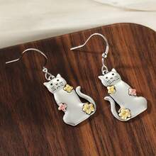 Cute & Fashionable Flower Pout Cat Pendant Earrings, Handmade Copper Animal Earrings, Versatile Accessories For Women Travel & Holiday - Silver - View 2