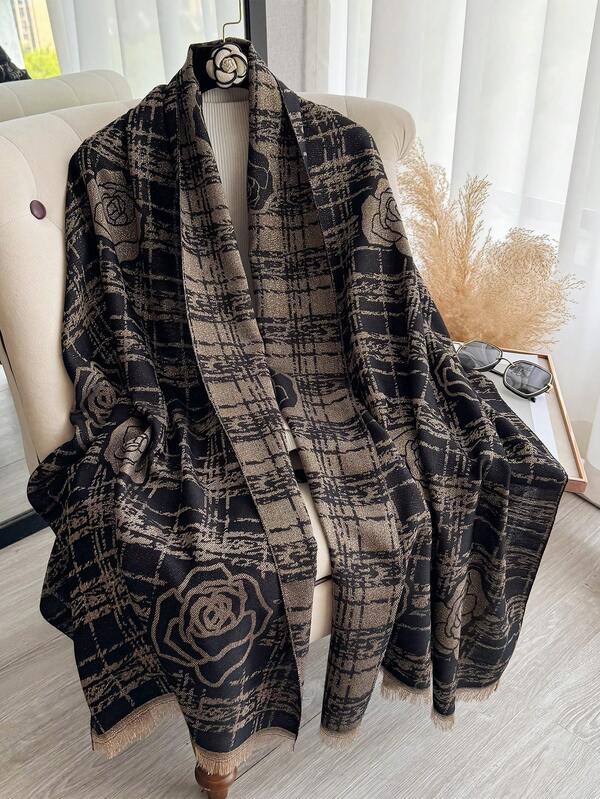 1pc Elegant Camellia Flower Jacquard Gold Thread Scarf, Versatile Fashion Shawl For Women, Suitable For Air-Conditioned Rooms, Spring/Autumn Outerwear, Daily Matching And Going Out